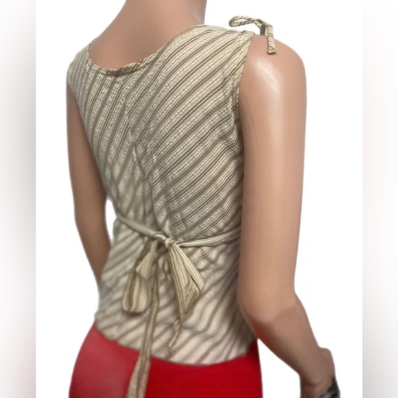 V2K 2000’s Tan Striped Gold Sequin trim Ties at back fitted Lightweight blouse - Picture 3 of 5